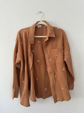 Polygram Brown Muslin Blouse Size M Embroidered Daisy Flowers